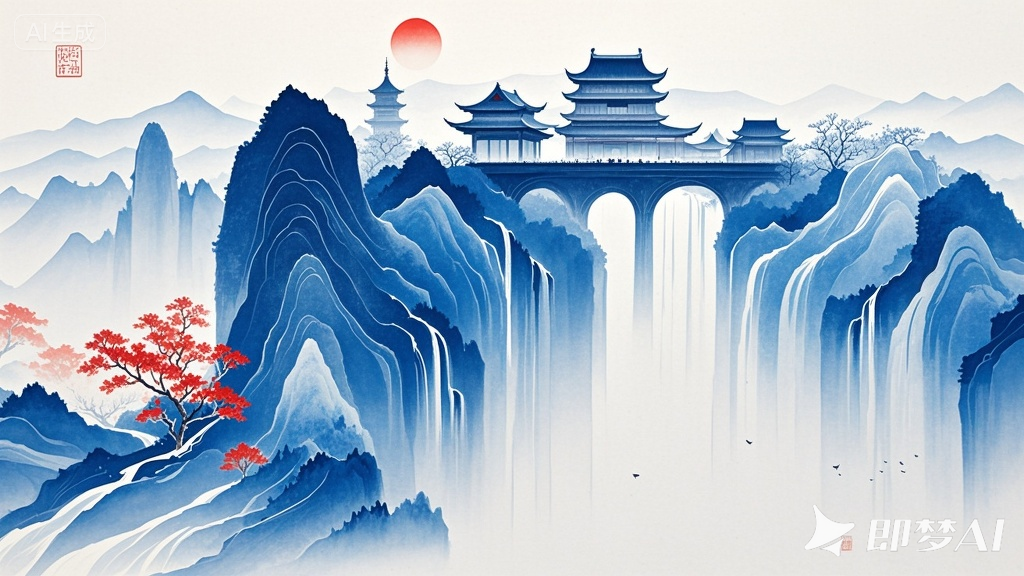jimeng-2025-10-12-7606-风格插画，远山访客风格，极致抽象极简蓝色古建筑轮廓水墨画.png