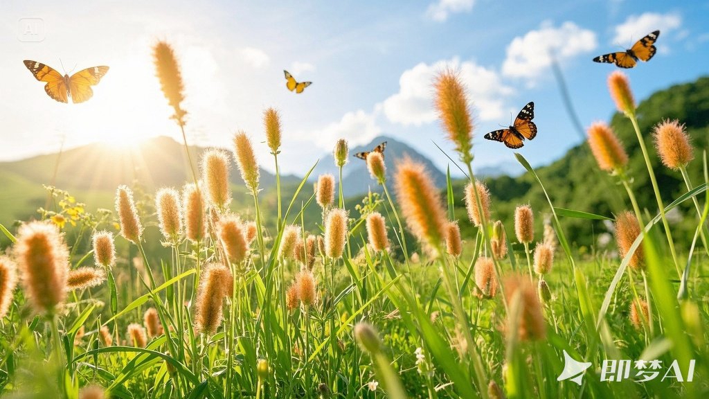 jimeng-2025-05-29-44-远景，狗尾巴花，漫山遍野，绿色的，草长莺飞，蝴蝶飞舞，阳光.jpg