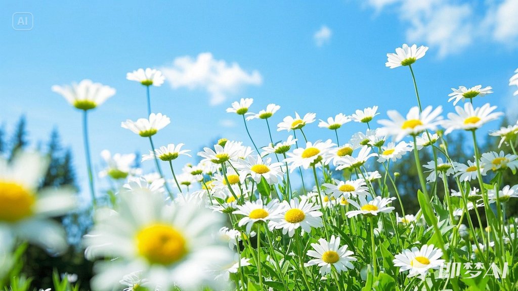 jimeng-2025-05-30-865-一片白色雏菊的田野，背景是天空。花的中心是黄色的，底部是绿.jpg
