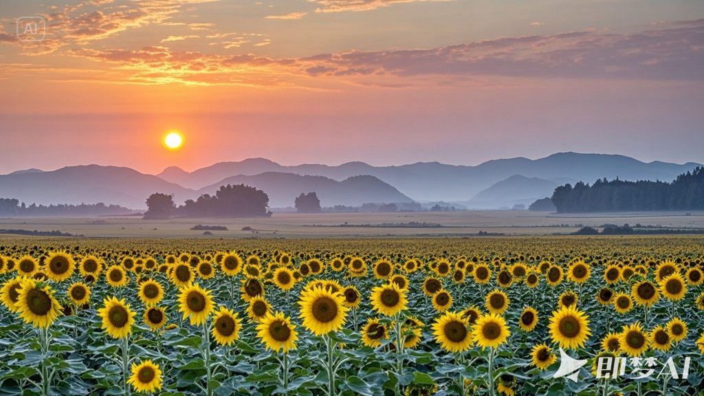 jimeng-2025-05-29-41-太阳刚升起地平线，天空有彩霞，地面全是葵花金灿灿。逶迤远山.jpg