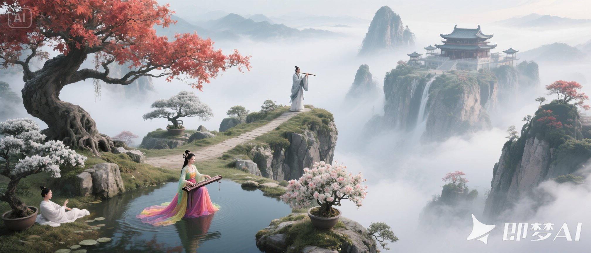 jimeng-2025-06-18-11-古代仙山景下上有仙人，雾气绕绕飘，隐约宫臀美，高，宏伟，大.jpeg