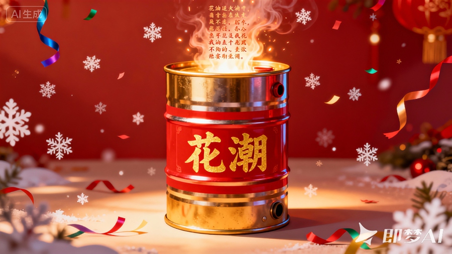 jimeng-2025-12-24-2934-平安夜装饰的油桶冒出来打油诗，油桶上有：“花潮”2个字，喜庆欢快.jpg
